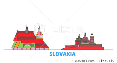 Slovakia, Wooden Churches In The Carpathian Mountain Area line cityscape, flat vector. Travel city landmark, oultine illustration, line world icons Slovakia, Wooden Churches In The Carpathian Mountain Area line cityscape, flat vector. Travel city landmark, oultine illustration, line world icons 71639319