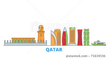 Qatar, Doha line cityscape, flat vector. Travel city landmark, oultine illustration, line world icons Qatar, Doha line cityscape, flat vector. Travel city landmark, oultine illustration, line world icons 71639336