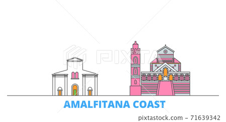 Italy, Amalfi Coast line cityscape, flat vector. Travel city landmark, oultine illustration, line world icons Italy, Amalfi Coast line cityscape, flat vector. Travel city landmark, oultine illustration, line world icons 71639342
