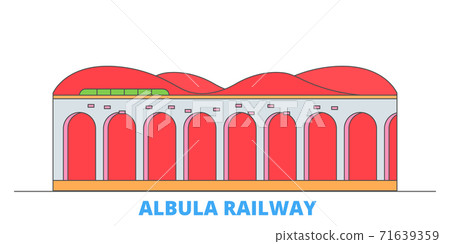 Italy, Albula Railway line cityscape, flat vector. Travel city landmark, oultine illustration, line world icons Italy, Albula Railway line cityscape, flat vector. Travel city landmark, oultine illustration, line world icons 71639359