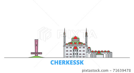 Russia, Cherkessk line cityscape, flat vector. Travel city landmark, oultine illustration, line world icons Russia, Cherkessk line cityscape, flat vector. Travel city landmark, oultine illustration, line world icons 71639478
