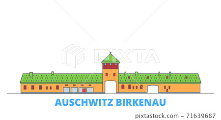 Poland, Auschwitz Birkenau line cityscape, flat vector. Travel city landmark, oultine illustration, line world icons 71639687