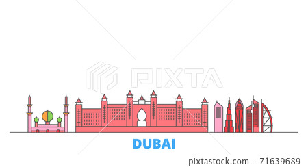 United Arab Emirates, Dubai City line cityscape, flat vector. Travel city landmark, oultine illustration, line world icons United Arab Emirates, Dubai City line cityscape, flat vector. Travel city landmark, oultine illustration, line world icons 71639689