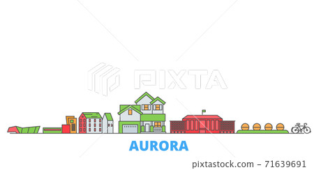 United States, Aurora line cityscape, flat vector. Travel city landmark, oultine illustration, line world icons United States, Aurora line cityscape, flat vector. Travel city landmark, oultine illustration, line world icons 71639691