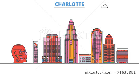 United States, Charlotte line cityscape, flat vector. Travel city landmark, oultine illustration, line world icons 71639891