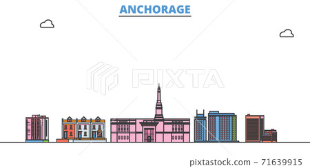 United States, Anchorage line cityscape, flat... - Stock Illustration ...