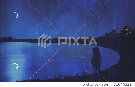 Fantastic illustration of a person standing by the water on the night of the crescent moon Fantastic illustration of a person standing by the water on the night of the crescent moon 71640121