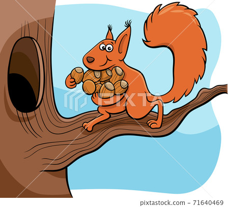 cartoon squirrel carrying acotns to the hollow 71640469