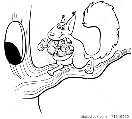 cartoon squirrel carrying acotns to the hollow coloring book page 71640470
