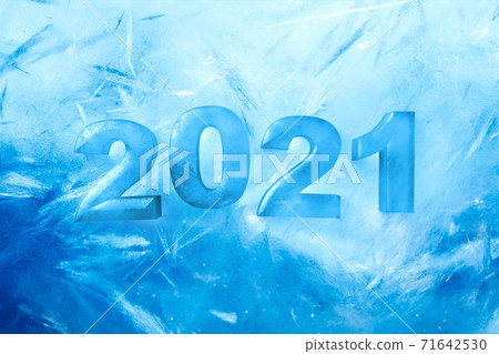 2021 happy new year ice text on blue frozen background, 3d render 71642530
