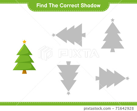Find the correct shadow. Find and match the correct shadow of Christmas Tree. Educational children game, printable worksheet, vector illustration 71642928