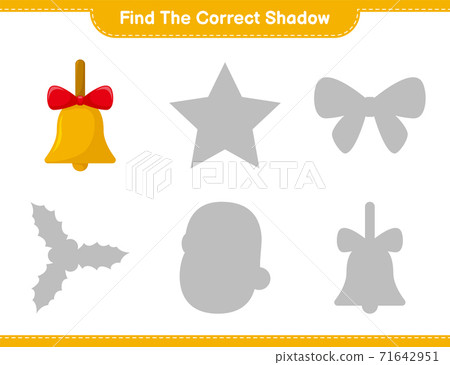 Find the correct shadow. Find and match the correct shadow of Golden Christmas Bells. Educational children game, printable worksheet, vector illustration 71642951