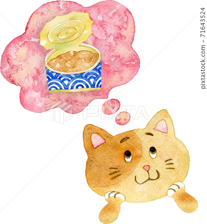 一隻貓想吃貓罐頭的水彩插圖 71643524
