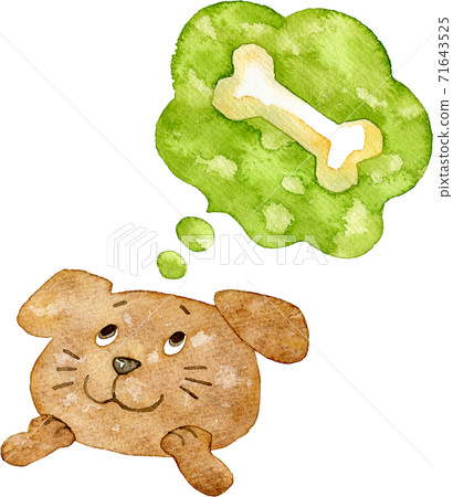 Watercolor illustration of a dog wanting to eat a bone 71643525