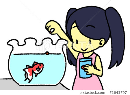 A girl feeding a goldfish 71643797