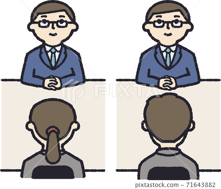 A man in a suit is interviewing a young man and a woman across a desk A man in a suit is interviewing a young man and a woman across a desk 71643882