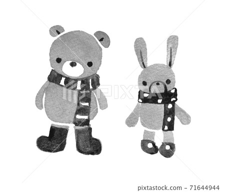 冬天的熊和兔子的單色插圖 71644944