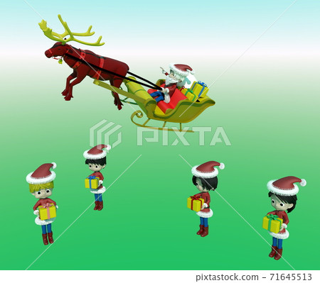 Santa Claus and children riding a sleigh flying in the sky at Christmas 71645513