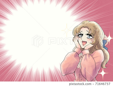 70年代女孩的卡通風格，高興的女士的插圖，集中線框架1 71646737