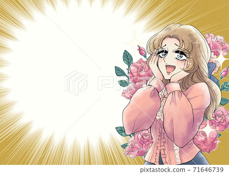 70年代女孩卡通風格，一位女士的插圖，集中的線框，玫瑰背景2 71646739