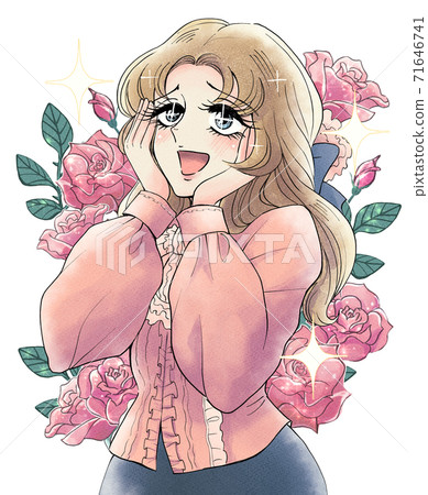 70年代女孩卡通風格，高興的女士，玫瑰背景圖 71646741