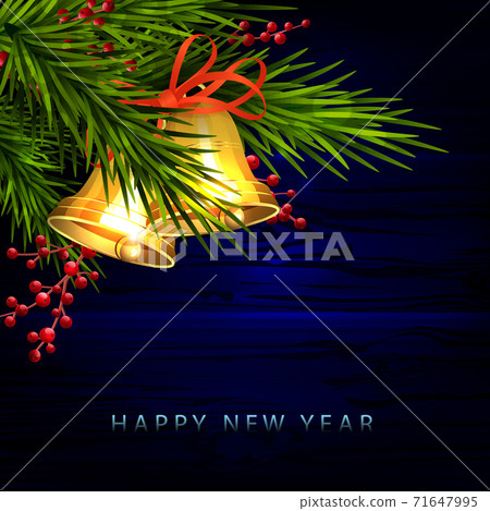 Christmas composition in blue shade, shiny golden bells, fir branches 71647995