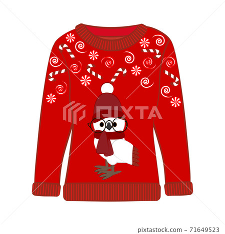 Christmas ugly sweater with owl in christmas costume vector illustration Christmas ugly sweater with owl in christmas costume vector illustration 71649523