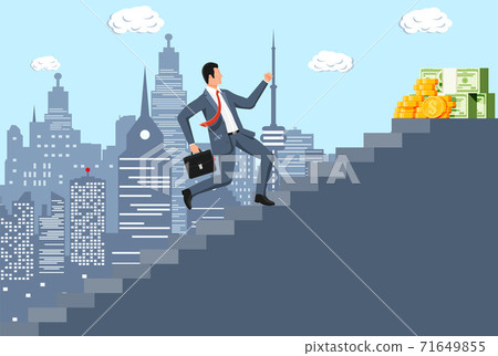 Businessman climbs up ladder to money. Businessman climbs up ladder to money. 71649855