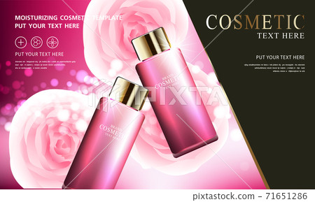 Rose skin care cosmetic product poster, bottle package design with moisturizer cream or liquid, sparkling background with glitter polka, vector design. 71651286