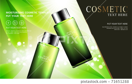 Green tea skin care cosmetic product poster, bottle package design with moisturizer cream or liquid, sparkling background with glitter polka, vector design EPS10. 71651288