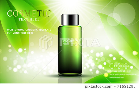 Green tea skin care cosmetic product poster, bottle package design with moisturizer cream or liquid, sparkling background with glitter polka, vector design EPS10. Green tea skin care cosmetic product poster, bottle package design with moisturizer cream or liquid, sparkling background with glitter polka, vector design EPS10. 71651293