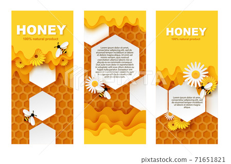 Honey banner vector template set. Paper cut honeycombs with flowing sweet honey, cute bees collecting nectar. 71651821