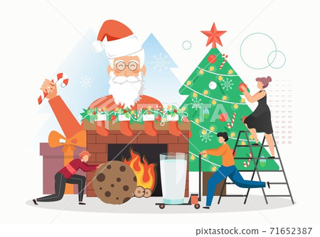 Santa Claus with candy cane, people decorating Christmas tree, fireplace with Christmas socks, flat vector illustration. Santa Claus with candy cane, people decorating Christmas tree, fireplace with Christmas socks, flat vector illustration. 71652387