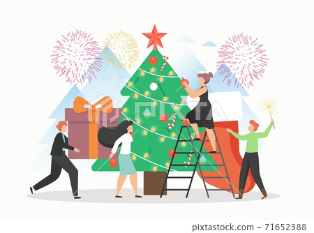 Office people decorating Christmas tree and preparing gifts to put them under the tree, flat vector illustration. Office people decorating Christmas tree and preparing gifts to put them under the tree, flat vector illustration. 71652388