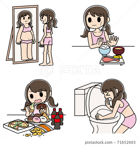 一組4個插圖的年輕女子與可愛的觸摸飲食失調 71652603