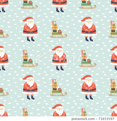 Santa Claus pattern. Santa sleigh with gifts Christmas cartoon background. Cartoon Santa character design 71653597