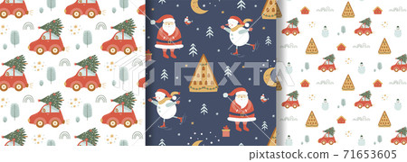 Merry Christmas patterns set. Christmas car with tree. Cute Santa Claus, snowman, house, winter forest background. 71653605