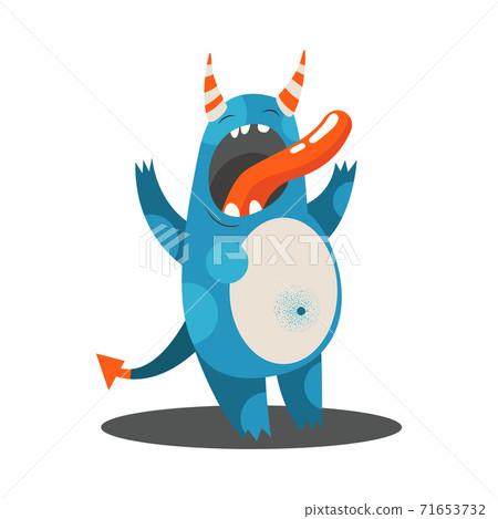 Comic Monster with Spotted Body and Horns Standing with Open Mouth and Shouting Vector Illustration 71653732