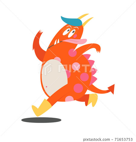 Cute Comic Monster with Spotted Body and Horns Running Sticking Out Its Tongue Vector Illustration 71653753