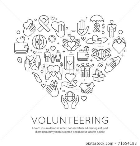 Volunteer line poster. Charity and donation banner, heart shaped icons. Social care voluntary work. Activity helping people, vector concept Volunteer line poster. Charity and donation banner, heart shaped icons. Social care voluntary work. Activity helping people, vector concept 71654188