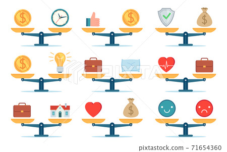 Scales work balance. Time is money, home and business, job and family life, price and idea comparison. Flat icon choice concept vector set 71654360