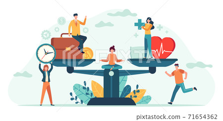 Health and work on scales. People balance job, money and sleep. Comparison business stress and healthy life. Tiny employees vector concept Health and work on scales. People balance job, money and sleep. Comparison business stress and healthy life. Tiny employees vector concept 71654362