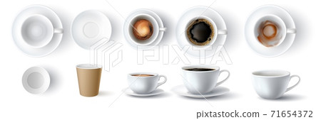 Coffee cups. Realistic 3d empty, dirty, ceramic and paper cup. Americano with foam and espresso top and side view. Coffees mockup vector set 71654372