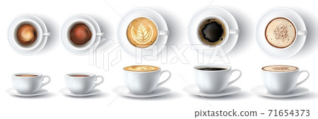 Coffee cup. Realistic hot ristretto, espresso, foam americano, latte and cappuccino with cream in cups. Mug front and top view 3d vector set 71654373