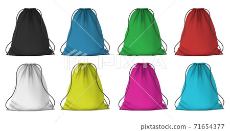 Color sport backpack mockup. Realistic cloth packs with ropes for clothes. Fabric red, blue, pink and green drawstring bags, 3D vector set 71654377