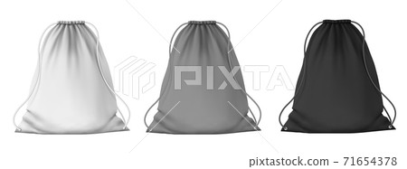 Sport backpack mockup. School blank drawstring bags with strings for clothes and shoes. Realistic 3D white, gray and black pouch vector set Sport backpack mockup. School blank drawstring bags with strings for clothes and shoes. Realistic 3D white, gray and black pouch vector set 71654378