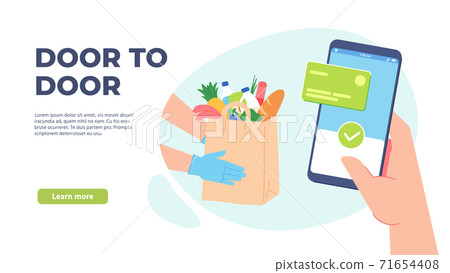 Grocery delivery. Online order from supermarket. Courier hand in gloves holds paper bag with food. Quarantine safe delivering vector concept 71654408