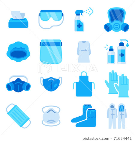 Ppe icons. Medical mask, sanitizer spray, disinfection bottle, gloves and antibacterial wipe. Covid personal protective equipment vector set 71654441