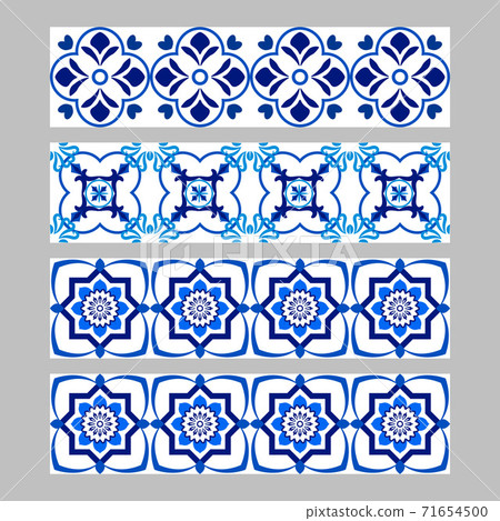 Set of azulejos portuguese traditional ornamental tile borders, blue and white pattern 71654500