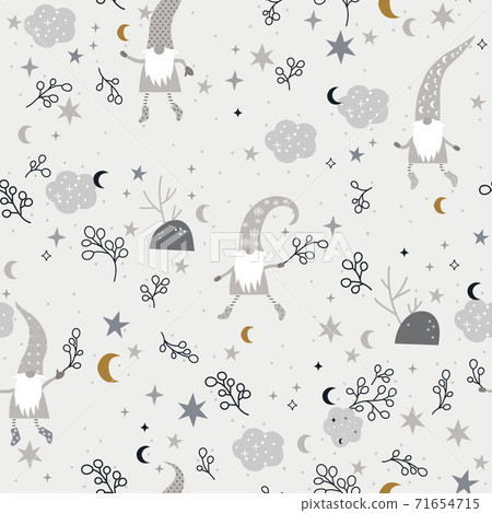 Beautiful Seamless Pattern with Gnomes, Moon and Stars 71654715